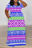 Black White Boho Geometric Print Basic POLO Collar Short Sleeve Pockets Loose Casual Outing Midi T-shirt Dress