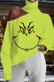 Yellow Green Christmas Grinch Letter Print Hollow Out Turtleneck Cold Shoulder Long Sleeve Fall Winter Blouses Tops