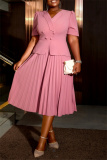 Pink Formal Office Lady V Neck Short Sleeve Pleated Midi Blazer Dresses