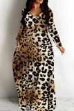 Dark Khaki Casual Leopard Print O Neck Long Sleeve Straight Loose Vacation Plus Size Maxi Dresses