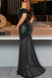 Black Formal Evening Party Sequins See-Through Sleeveless Backless Off Shoulde Sheer Mesh Patchwork Long Bodycon Glitter Prom Maxi Dress