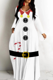 Red Christmas Santa Claus Snowman Print V Neck Long Sleeve Floor Length Vacation Baggy Maxi Dress