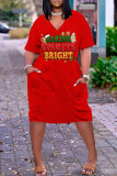 Red Green Christmas Dress Graphics Print Deep V Neck Long Sleeve Ankle Length Casual Outing Straight Loose Midi Dress with Pocket