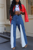 Blue Casual Daily Patchwork Contrast High Waist Boot Cut Button up Fake Two Layer Denim Flared Jeans