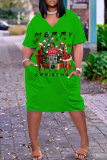Green Black Christmas Grinch Outfit V Neck Short Sleeve Casual Outing T Shirt Midi Dress