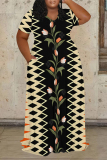 Black White Boho Geometric Print Basic POLO Collar Short Sleeve Pockets Loose Casual Outing Midi T-shirt Dress