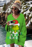 Yellow Green Christmas Tops Letter Print Pit Article Fabrics Loose V Neck Long Sleeve Fall Winter Women's Knitted Grinch Sweater