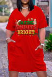 Red Green Christmas Dress Graphics Print Deep V Neck Long Sleeve Ankle Length Casual Outing Straight Loose Midi Dress with Pocket