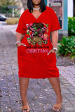Red Green Christmas Dress Graphics Print Deep V Neck Long Sleeve Ankle Length Casual Outing Straight Loose Midi Dress with Pocket