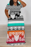 Black White Boho Geometric Print Basic POLO Collar Short Sleeve Pockets Loose Casual Outing Midi T-shirt Dress