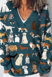 Navy Blue Casual Dog Cat Geometric Print Loose V Neck Long Sleeve Fall Winter Knitted Sweater Tops