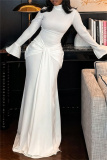 White Turtleneck Flare Sleeve Front Knotted Mermaid Hem Formal Evening Party Prom Wedding Guest Maxi Dresses