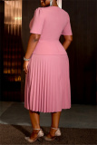 Pink Formal Office Lady V Neck Short Sleeve Pleated Midi Blazer Dresses