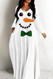 Red Christmas Santa Claus Snowman Print V Neck Long Sleeve Floor Length Vacation Baggy Maxi Dress