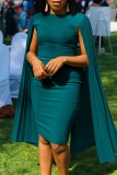 Orange Formal Office Evening O Neck Cape Sleeve Wrapped Skirt Bodycon Midi Dresses