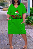 Green Black Christmas Grinch Outfit V Neck Short Sleeve Casual Outing T Shirt Midi Dress