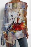 Grey Loose Casual Abstract Girl Print Irregular Hem Round Neck Long Sleeve Tops Blouses