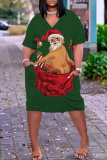 Red Christmas Grinch Outfit V Neck Casual Outing Plus Size T Shirt Midi Dress with Pocket