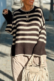 Brown Loose Stripe Contrast Weave Casual Loose Round Neck Long Sleeve Fall Winter Knitted Sweater Tops