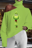 Yellow Green Christmas Grinch Letter Print Hollow Out Turtleneck Cold Shoulder Long Sleeve Fall Winter Blouses Tops