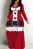 Red Christmas Santa Claus Snowman Print V Neck Long Sleeve Floor Length Vacation Baggy Maxi Dress