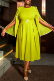 Mustard Green Party Evening Prom Formal Office O Neck Cape Sleeve A Line Pleated Midi Dresses