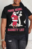 Black Red Christmas Santa Claus Letter Print Round Neck Short Sleeve T-Shirts Tops