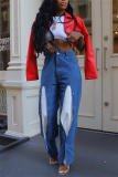 Blue Casual Daily Patchwork Contrast High Waist Boot Cut Button up Fake Two Layer Denim Flared Jeans