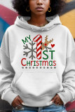 White Golden Christmas Casual Tree Letter Print Draw String Hooded Collar Long Sleeve Fall Winter Sweatshirts Tops