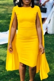 Orange Formal Office Evening O Neck Cape Sleeve Wrapped Skirt Bodycon Midi Dresses