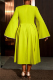 Mustard Green Party Evening Prom Formal Office O Neck Cape Sleeve A Line Pleated Midi Dresses