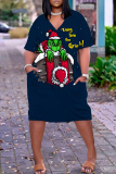 Red Christmas Grinch Outfit V Neck Casual Outing Plus Size T Shirt Midi Dress with Pocket