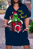 Red Christmas Grinch Outfit V Neck Casual Outing Plus Size T Shirt Midi Dress with Pocket