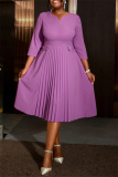 Purple Formal Office Lady V Neck Short Sleeve Pleated Midi Blazer Dresses