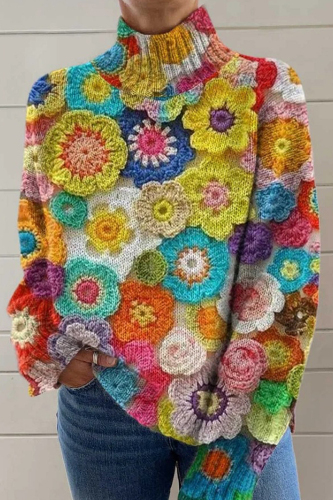 Black Girl Floral Geometric Print Loose Turtleneck Long Sleeve Fall Winter Knitted Sweater Tops