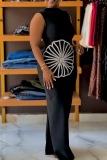 Black Formal Evening Party Prom Sleeveless Hot Drilling Diamond Petals O Neck Slit Long Bodycon Maxi Dresses