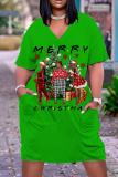 Green Black Christmas Grinch Outfit V Neck Short Sleeve Casual Outing T Shirt Midi Dress
