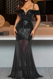 Black Formal Evening Party Sequins See-Through Sleeveless Backless Off Shoulde Sheer Mesh Patchwork Long Bodycon Glitter Prom Maxi Dress