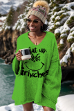 Yellow Green Christmas Tops Letter Print Pit Article Fabrics Loose V Neck Long Sleeve Fall Winter Women's Knitted Grinch Sweater
