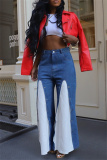 Blue Casual Daily Patchwork Contrast High Waist Boot Cut Button up Fake Two Layer Denim Flared Jeans