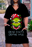 Red Christmas Grinch Outfit V Neck Casual Outing Plus Size T Shirt Midi Dress with Pocket