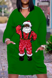 Red Christmas Dress Santa Claus Print Deep V Neck Long Sleeve Ankle Length Casual Outing Straight Loose Midi Dress with Pocket
