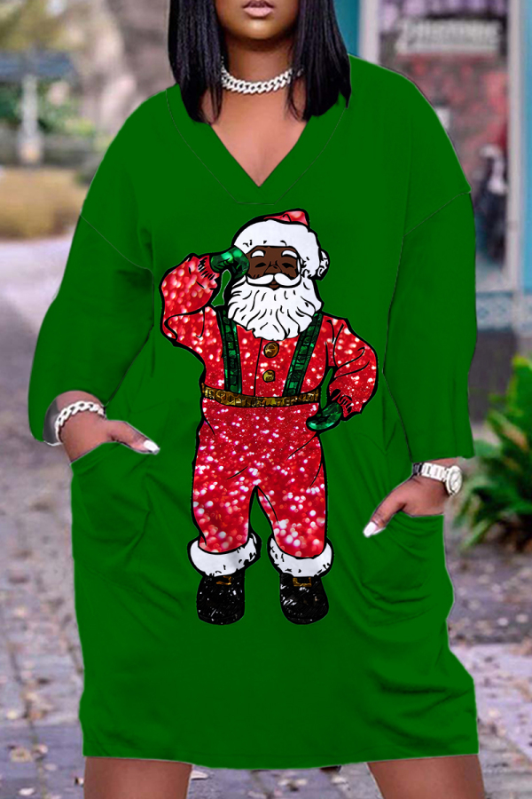 Red Christmas Dress Santa Claus Print Deep V Neck Long Sleeve Ankle Length Casual Outing Straight Loose Midi Dress with Pocket
