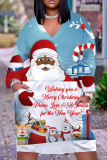 Red Christmas Dress Santa Claus Print Deep V Neck Long Sleeve Ankle Length Casual Outing Straight Loose Midi Dress with Pocket