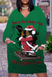 Green Red Christmas Dress Santa Claus Print Deep V Neck Long Sleeve Ankle Length Casual Outing Straight Loose Midi Dress with Pocket
