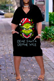 Red Christmas Grinch Outfit V Neck Casual Outing Plus Size T Shirt Midi Dress with Pocket