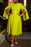 Mustard Green Party Evening Prom Formal Office O Neck Cape Sleeve A Line Pleated Midi Dresses