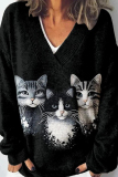Navy Blue Casual Dog Cat Geometric Print Loose V Neck Long Sleeve Fall Winter Knitted Sweater Tops