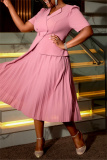 Pink Formal Office Lady V Neck Short Sleeve Pleated Midi Blazer Dresses