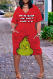 Red Christmas Grinch Outfit V Neck Casual Outing Plus Size T Shirt Midi Dress with Pocket